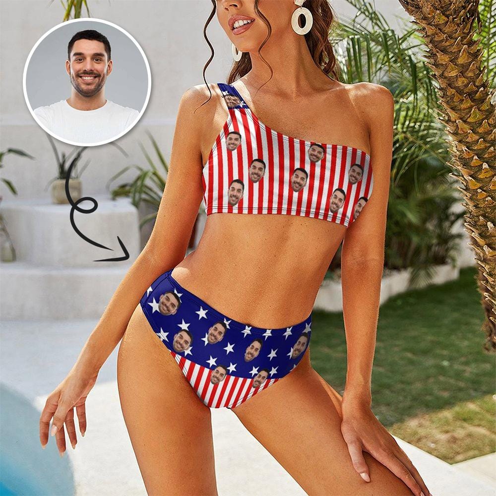 Custom Custom Face Flag Couple Matching Swimsuit One Shoulder Stringless Low Waited Bikini&Swim Shorts Personalized Bathing Suits Beach Outfits - YesCustom