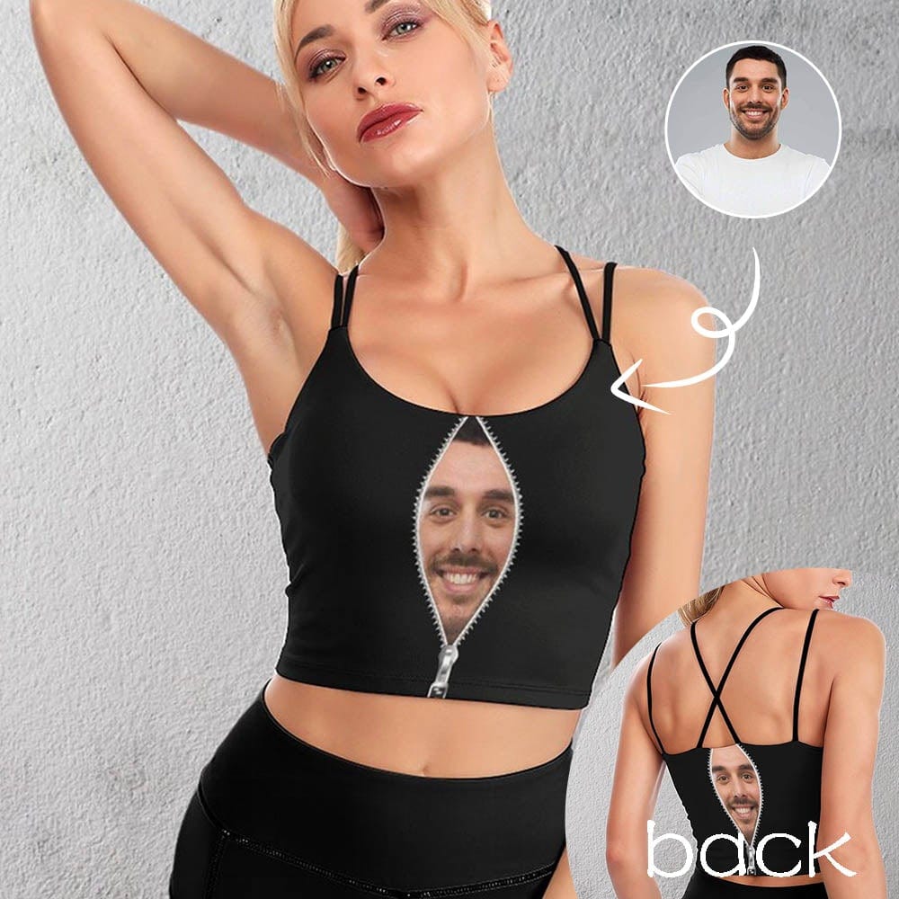 Custom Husband Face Zipper Black Women Strappy Longline Yoga Sport Bra