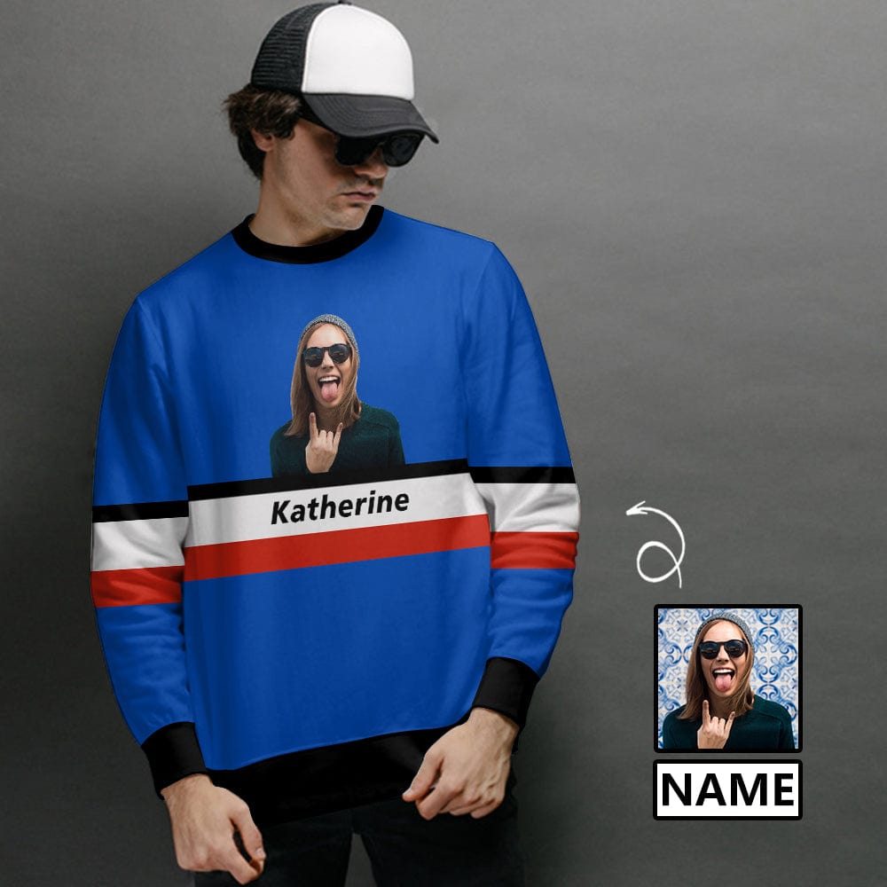 Custom Face&Name Blue Streak Sweatshirt Personalized Face Sweatshirt