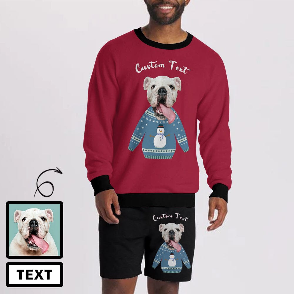Custom Pet Face&Text Snowman Men's Crewneck Sweatshirt&2in1 Pockets Shorts Set