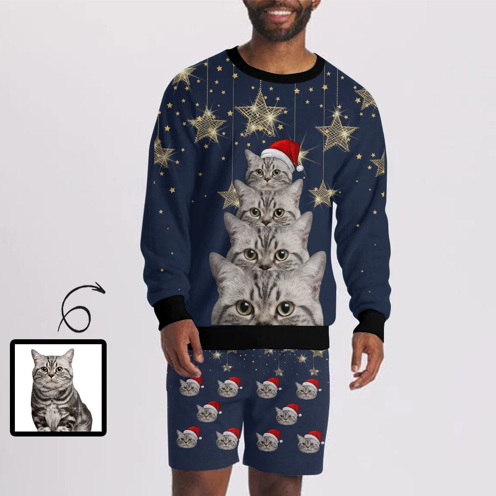 Custom Pet Face Star Red Hat Men's Sweatshirt&2in1 Pockets Shorts Set