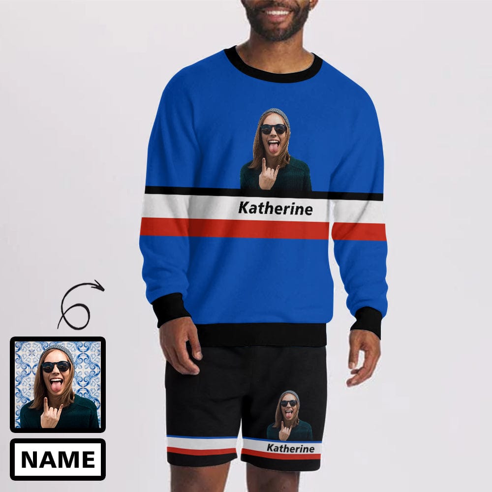Custom Photo&Name Blue Funny Men's Sweatshirt&2in1 Pockets Shorts Set