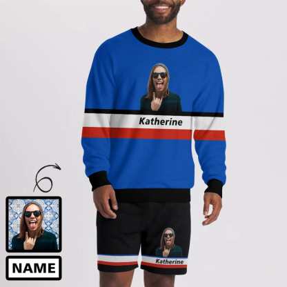 Custom Photo&Name Blue Funny Men's Sweatshirt&2in1 Pockets Shorts Set