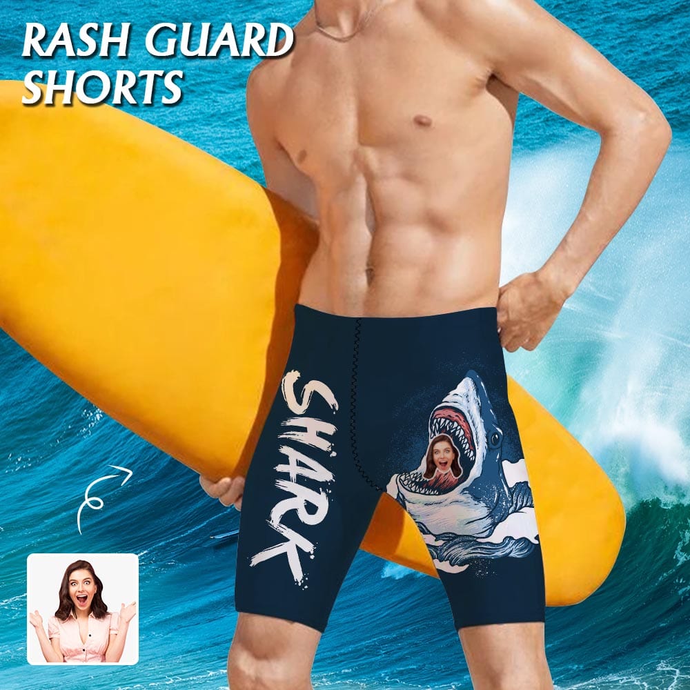 Custom Face Shark Swallowed Men Skinny Stretch Knee Length Swim Trunks