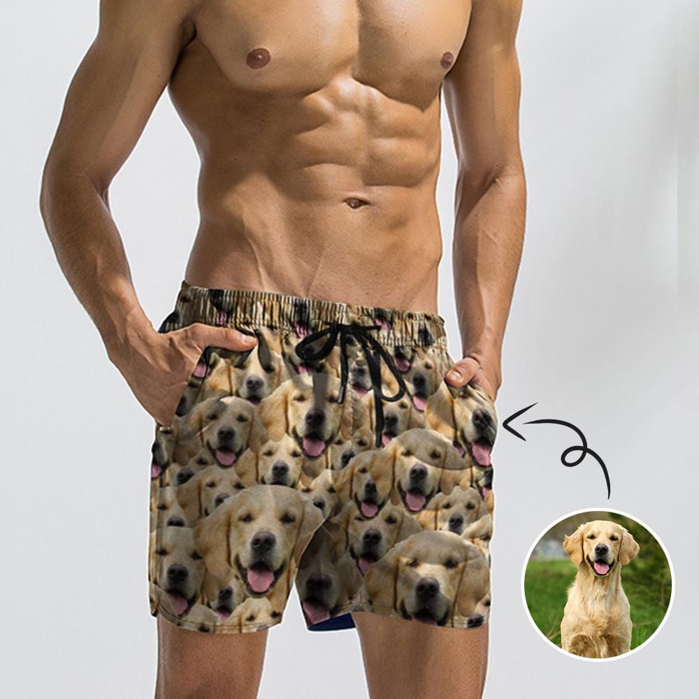 Custom Face Puppy Mens Swim Shorts Personalized Funny Swim Trunks