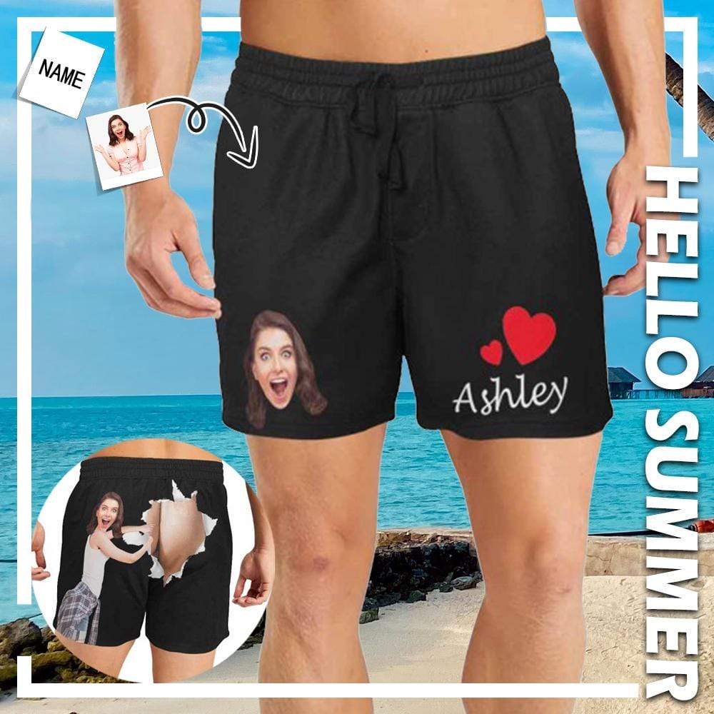Custom  Face & Name My Love Mens Swim Shorts Personalized Swim Trunks