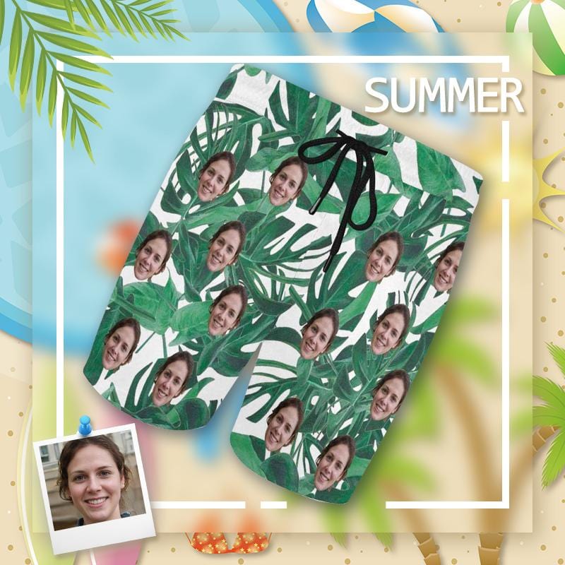 Custom Face Leaves Mens Swim Shorts Personalized Funny Swim Trunks