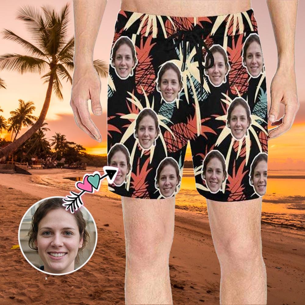 Custom Face Colorful Pineapple Mens Swim Shorts Funny Swim Trunks
