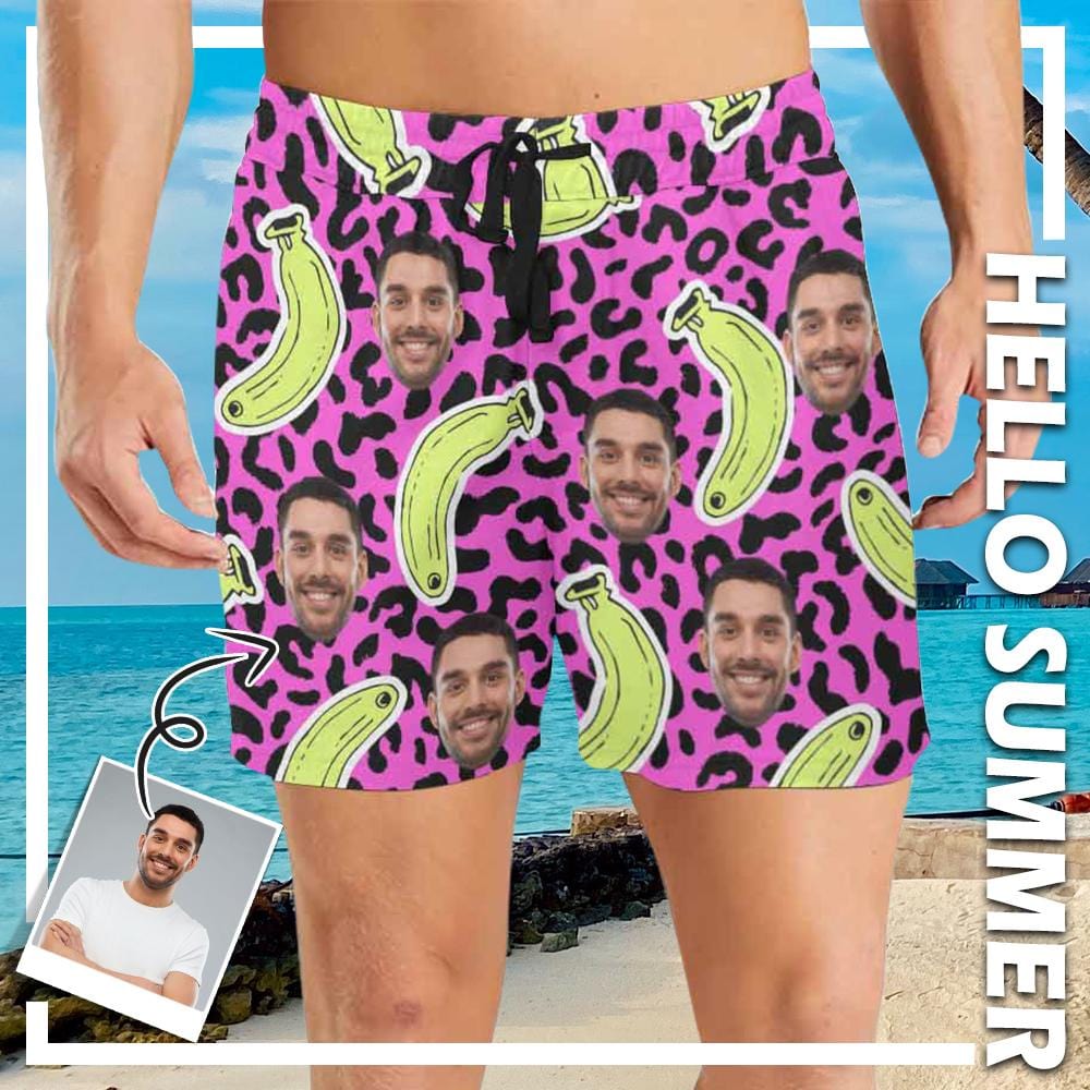 Custom Face Banana Mens Swim Shorts Personalized Funny Swim Trunks