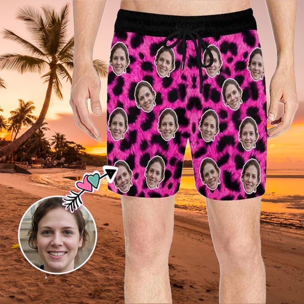 Custom Face Pink Leopard Mens Swim Shorts Personalized Swim Trunks