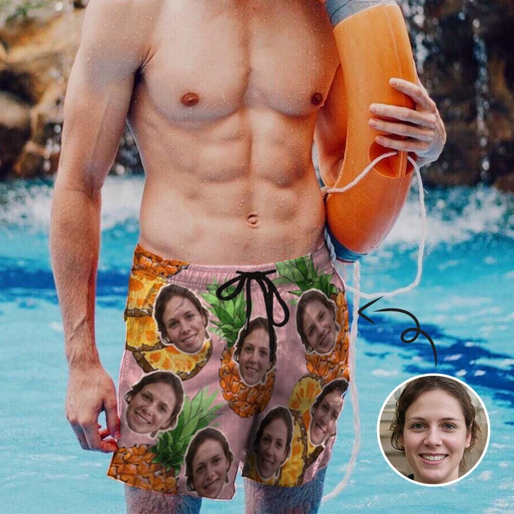 Custom Face Big Pineapple Mens Swim Shorts Personalized Swim Trunks
