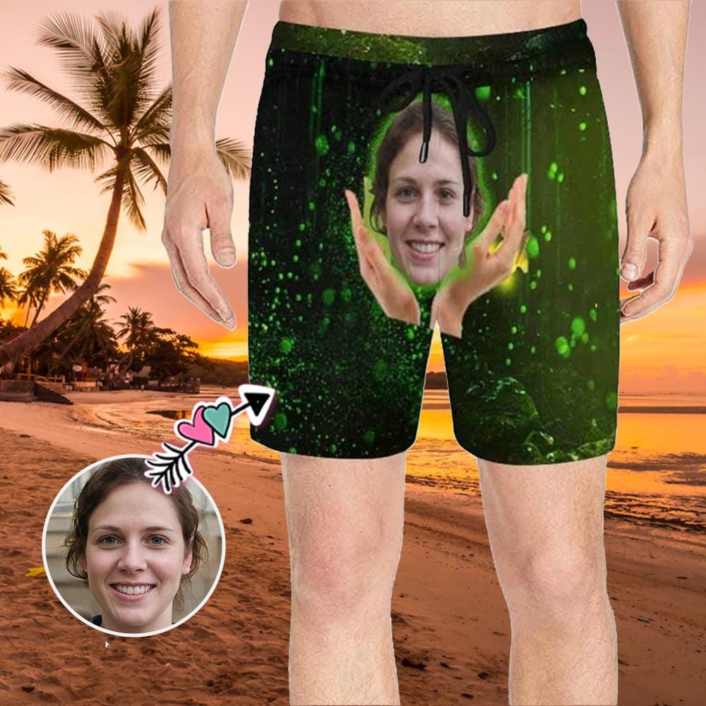 Custom Face Green Men S Swim Shorts Personalized Funny Swim Trunks