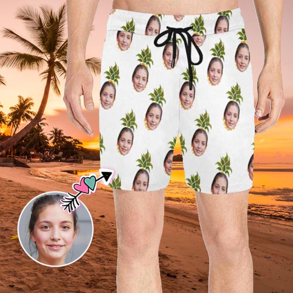 Custom Face Pineapple Mens Swim Shorts Personalized Funny Swim Trunk