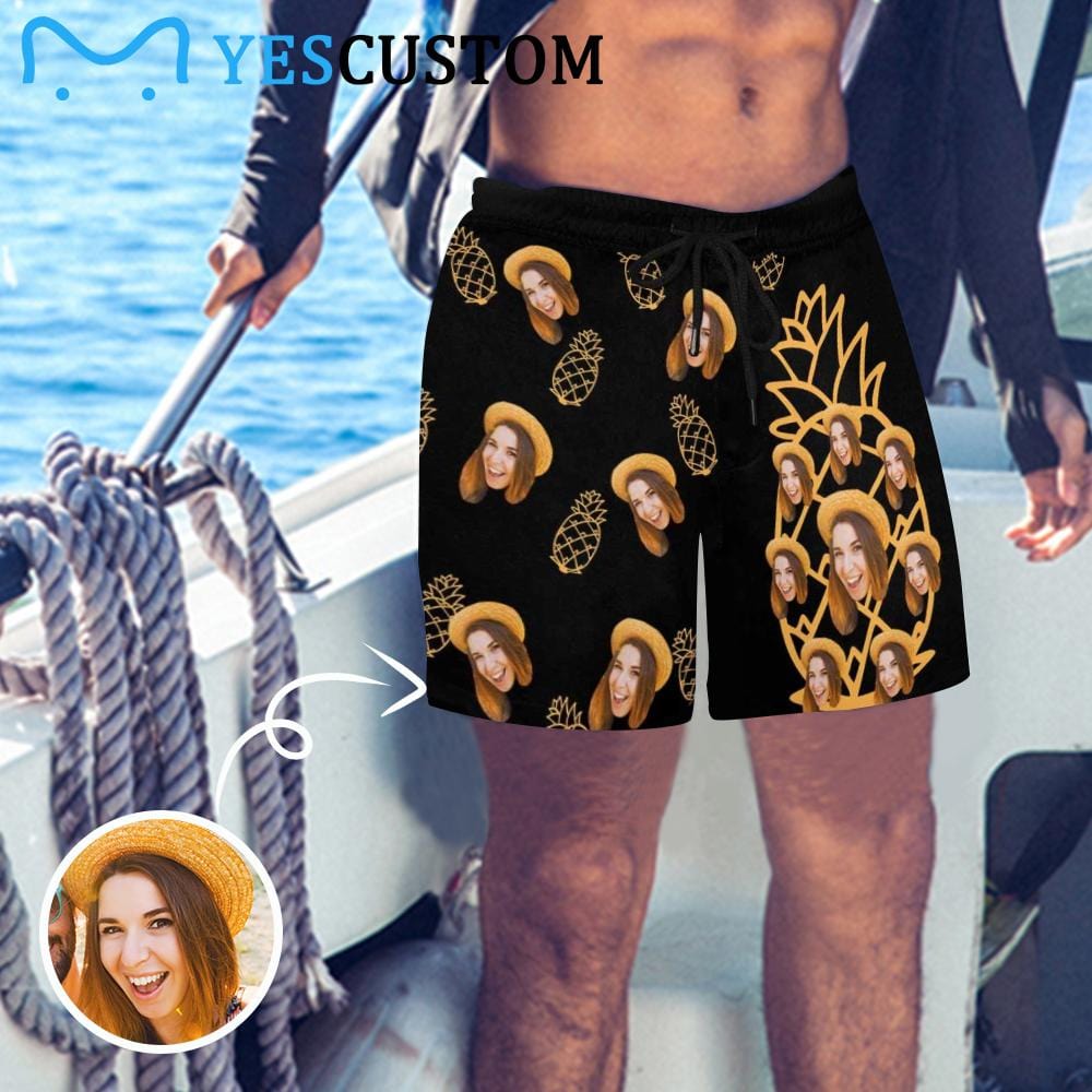Custom Face Pineapple Mens Swim Shorts Personalized Funny Swim Trunk