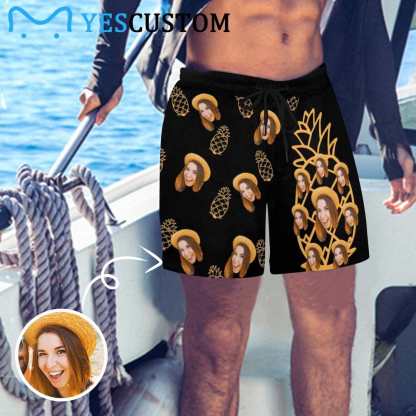Custom Face Pineapple Mens Swim Shorts Personalized Funny Swim Trunk