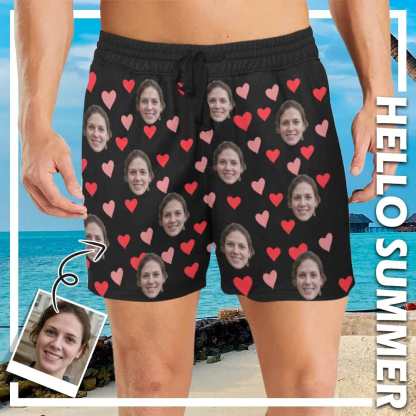 Custom Face Colorful Heart Mens Quick Dry Swim Shorts Swim Trunks