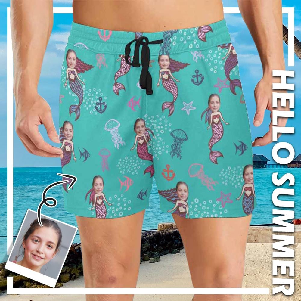 Custom Face Mermaid Mens Swim Shorts Personalized Funny Swim Trunks