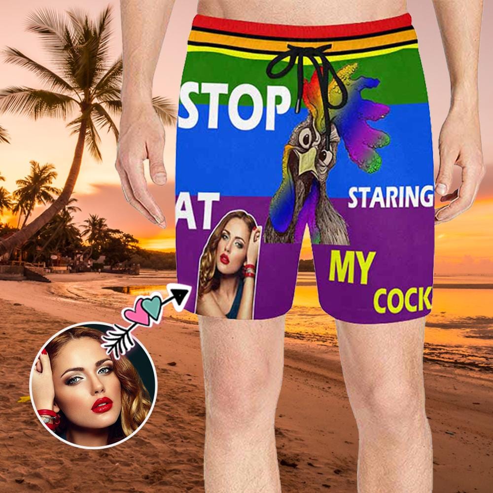 Custom Face Stop Staring at My Cock Mens Swim Shorts Swim Trunks