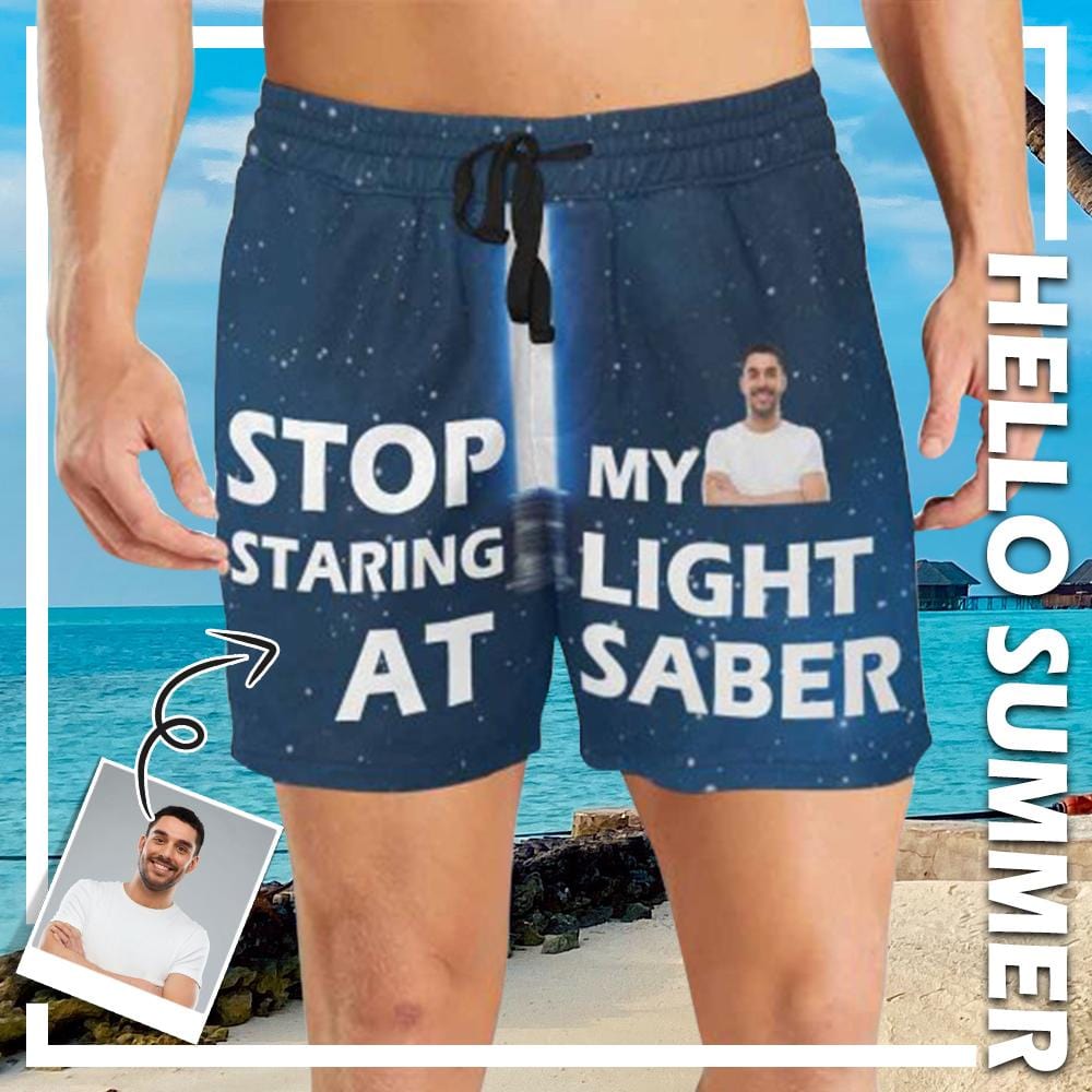 Custom Photo Stop Staring at My Light Saber Men's Swim Shorts