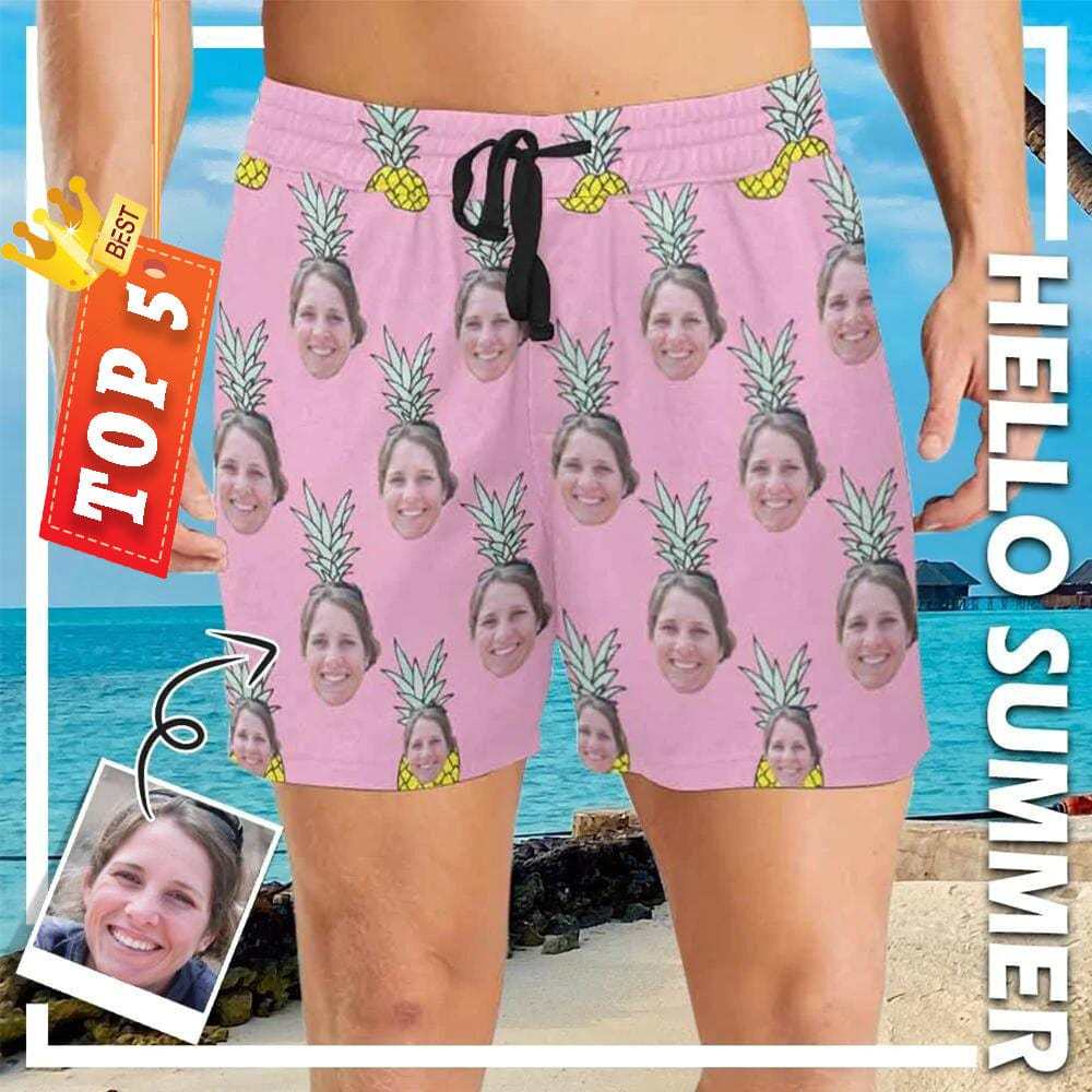 Custom Face Pink Pineapple Mens Swim Shorts Personalized Swim Trunks