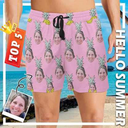Custom Face Pink Pineapple Mens Swim Shorts Personalized Swim Trunks