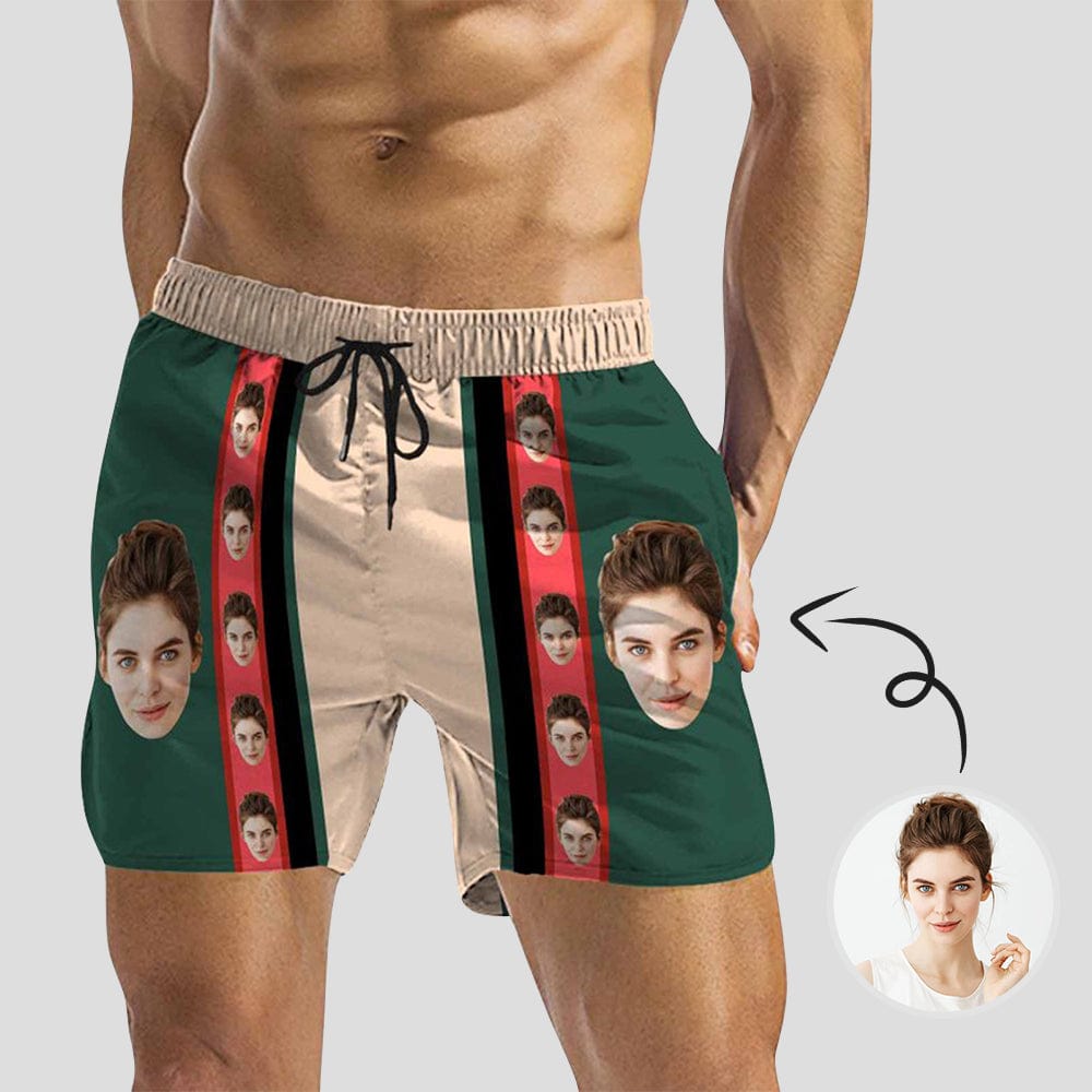 Custom Face Green Mens Quick Dry Swim Shorts Personalized Swim Trunks