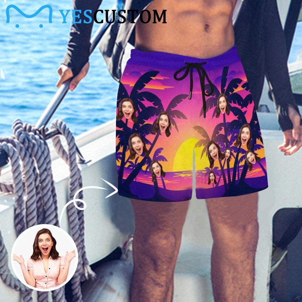 Custom Face Sunset Mens Swim Shorts Personalized Funny Swim Trunks