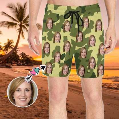 Custom Face Camouflage Mens Swim Short Personalized Funny Swim Trunk