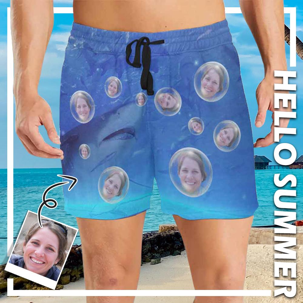 Custom Face Shark Bubbles Mens Swim Shorts Personalized Swim Trunks