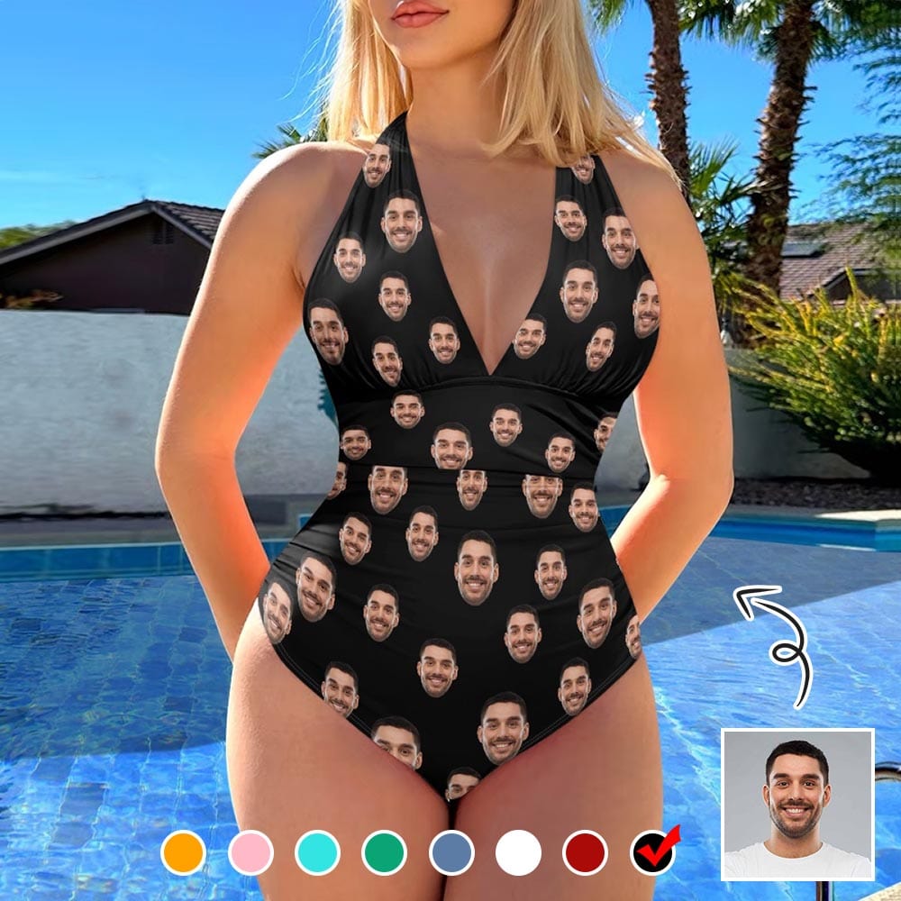 Custom Face Multiple Color Women's Halter Neck Tie One Piece Swimsuit