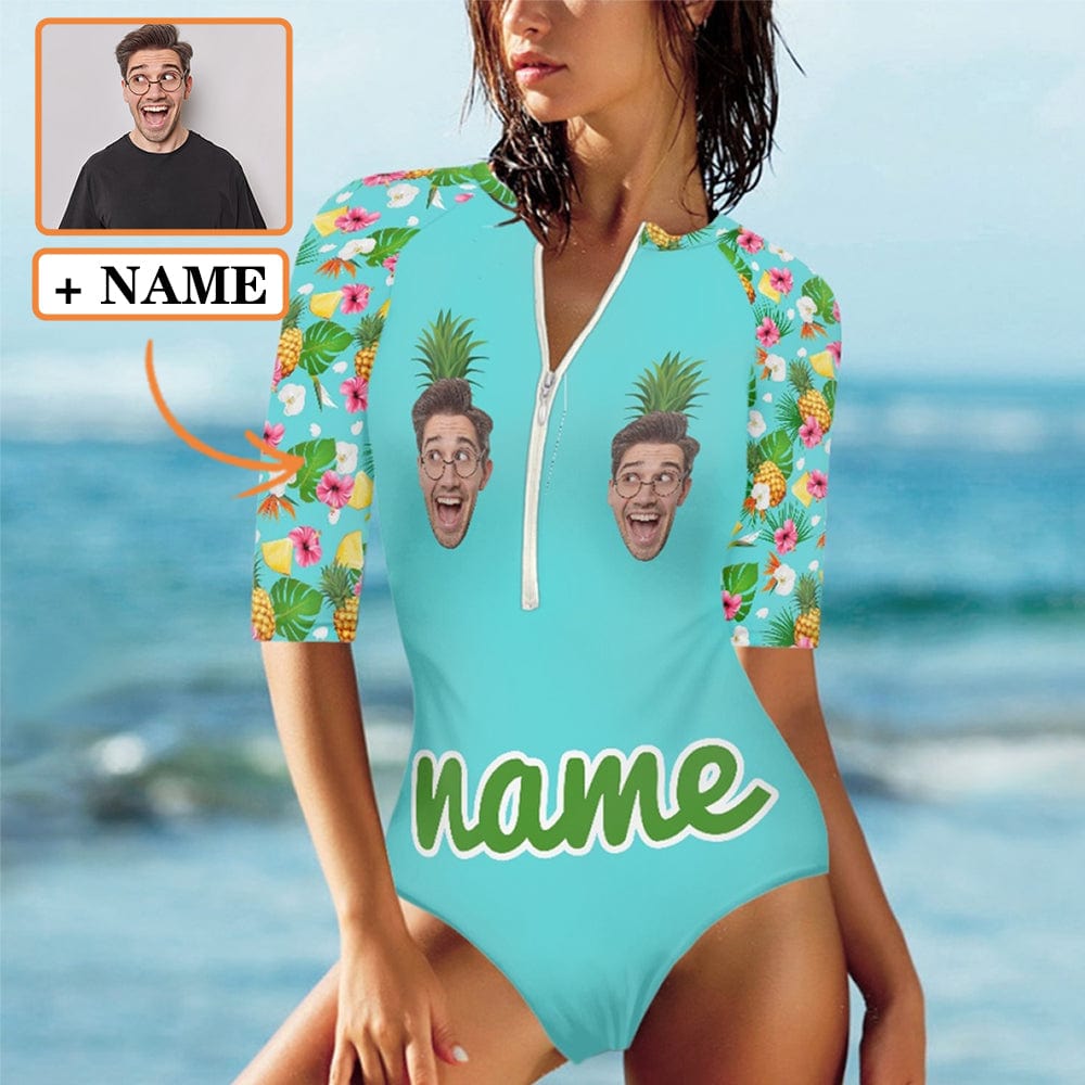 Custom Face&Name Pineapple Half Sleeve One Piece Swimsuit