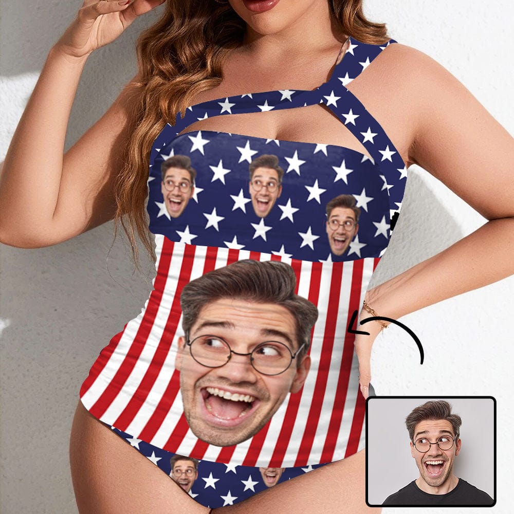 Custom Face US Flag Swimsuit One Shoulder Two Piece Bathing Suit