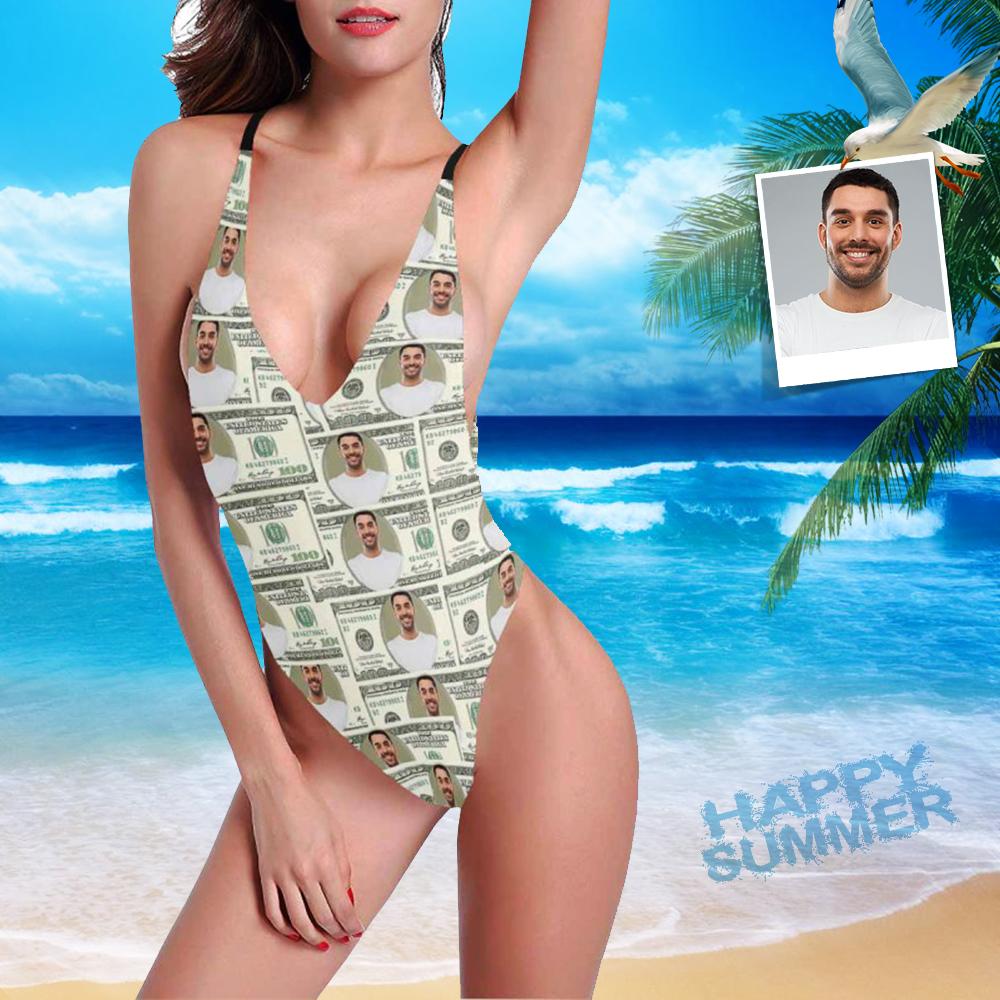 Custom Custom Face Dollar Swimsuit Personalized Women's Halter Straps Backless Bathing Suit Birthday Girlfriend Gift - YesCustom