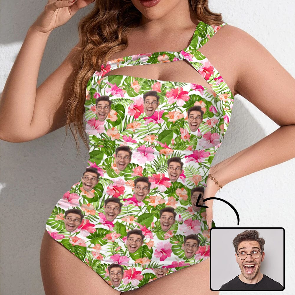 Custom Face Swimsuit Flower Leaf One Shoulder Two Piece Bathing Suit