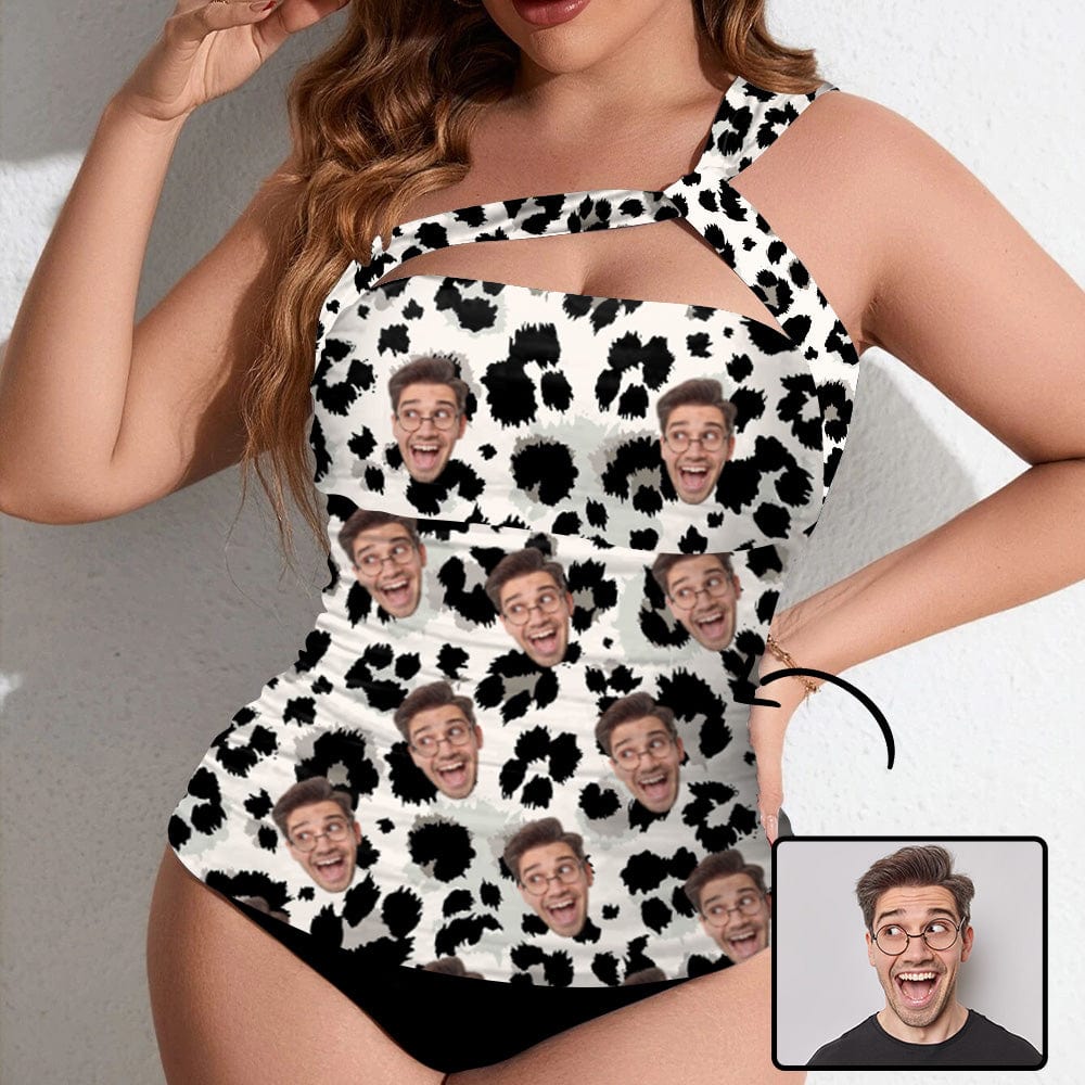 Custom Face Swimsuit Leapard One Shoulder Two Piece Bathing Suit
