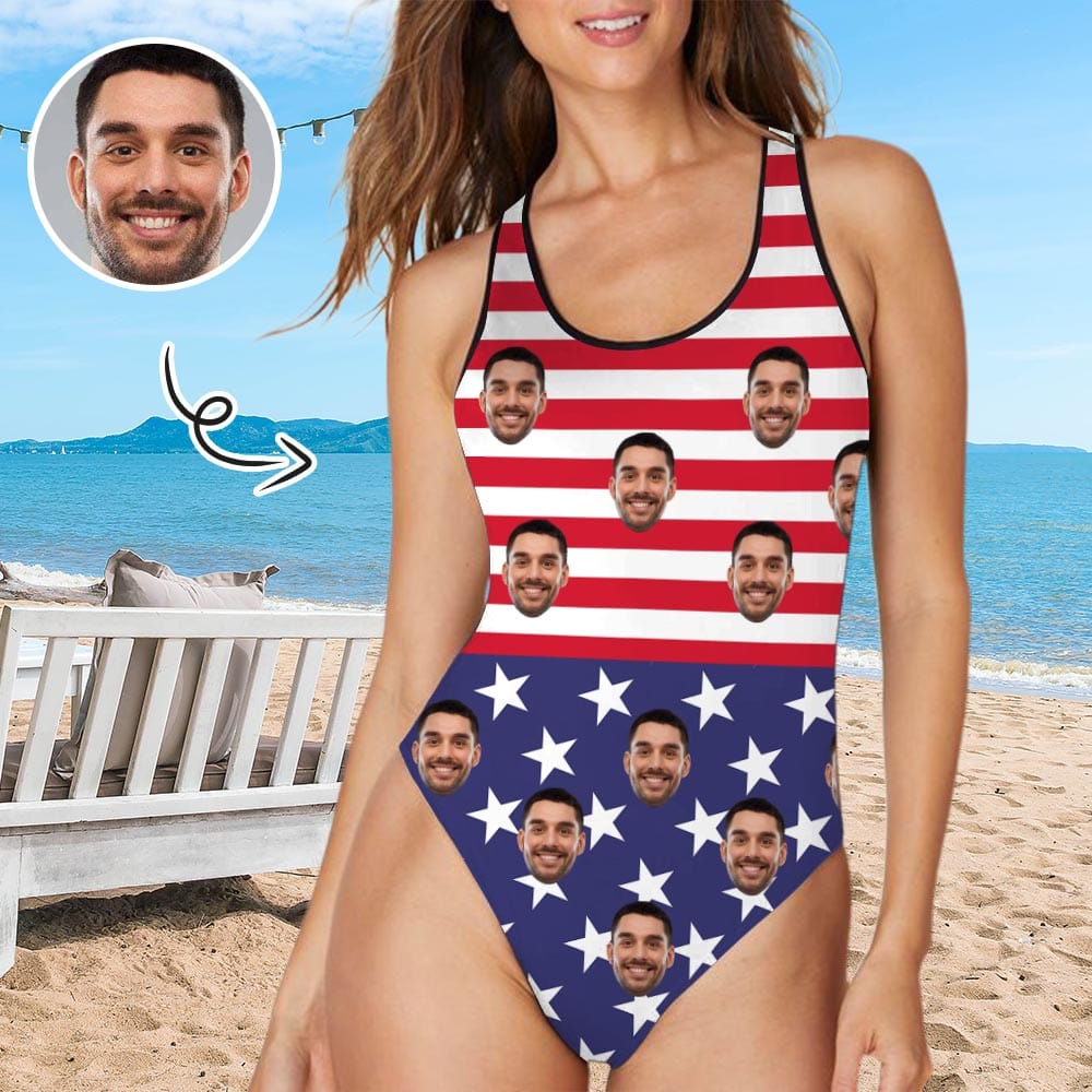 Custom Face US Flag Women's Tank Top Bathing Swimsuits Gift Idea