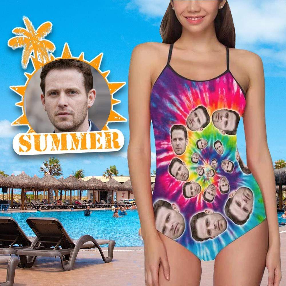 Custom Husband Face Swimsuit Color Tie-dye Personalized Women's Slip One Piece Bathing Suit Honeymoons Party
