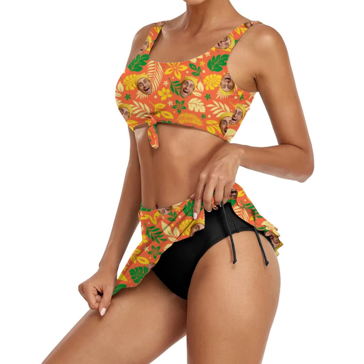 Custom Face Orange Flower and Leaves Bikini Set Personalized Drawstring Chest Strap Bikini Skirt