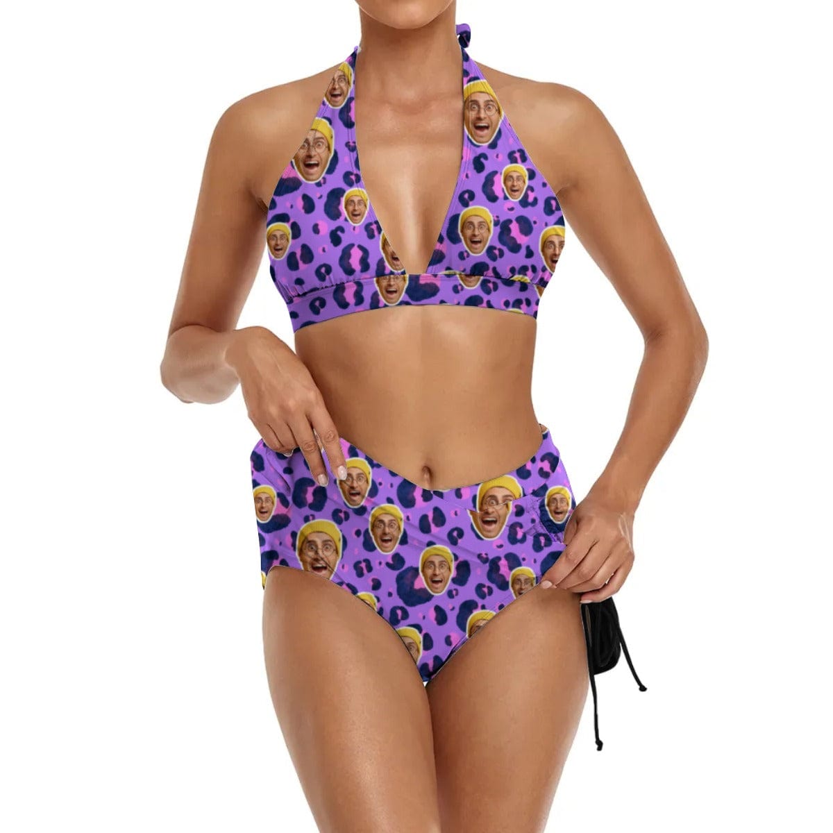 Custom Face Purple Halter Neck Bikini Set Personalized Drawstring Bikini Skirt