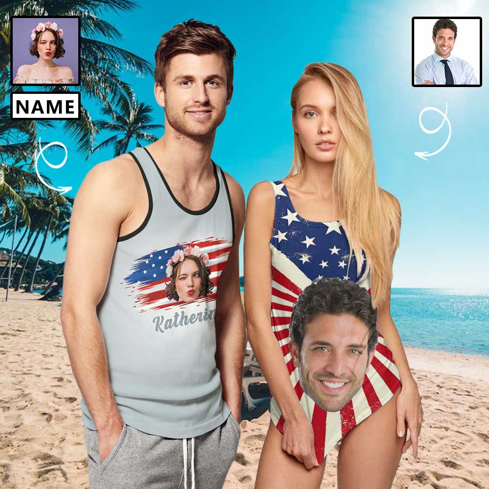 Custom Face&Name American Flag Matching Couple Tank Top Print Tank Top