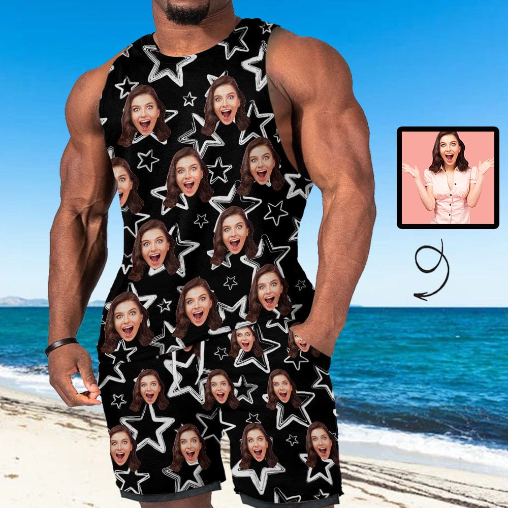 Custom Girlfriend Face Star Men's Tank Top Set Sport Shorts Swim Trunk