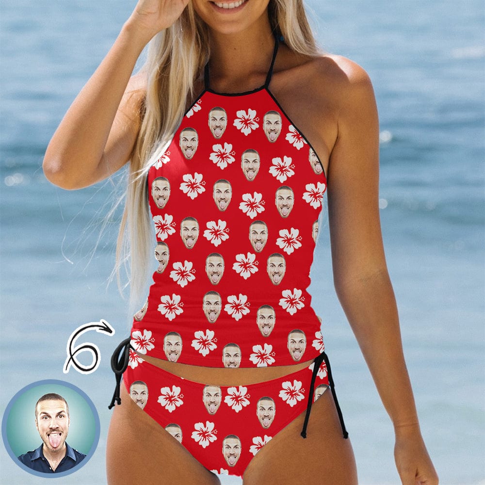 Custom Face Red Flower Womens Sexy Halter Tummy Control Swimsuit