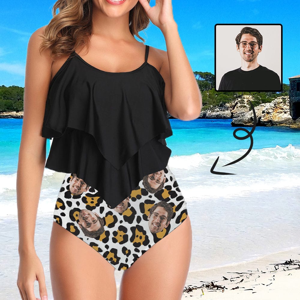 Custom #Tankini Set #Double Ruffled Tankini Custom Face Leopard Ruffle Tankini Personalized Bathing Suit Summer Swimsuit Women's High Waisted Double Ruffle Bikini Set - YesCustom