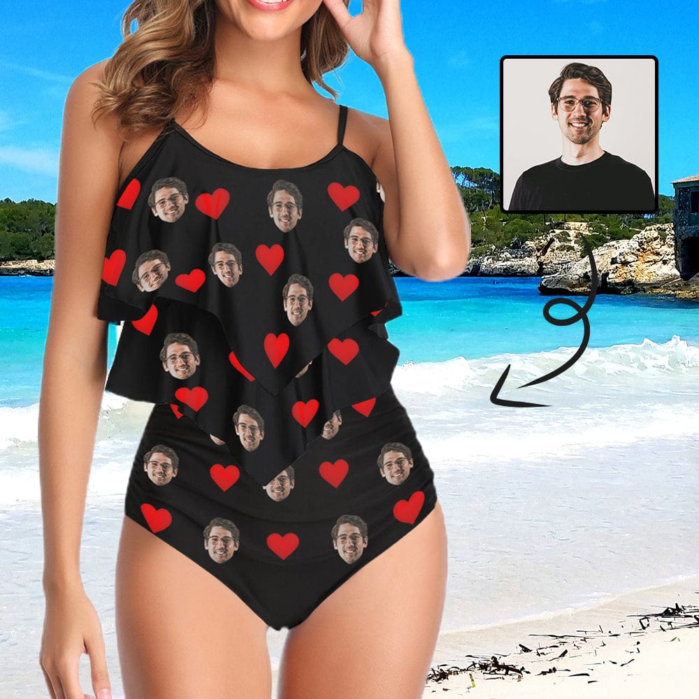 Custom #Tankini Set #Double Ruffled Tankini Custom Face Red Heart Tankini Personalized Bathing Suit Summer Swimsuit Women's High Waisted Double Ruffle Bikini Set - YesCustom
