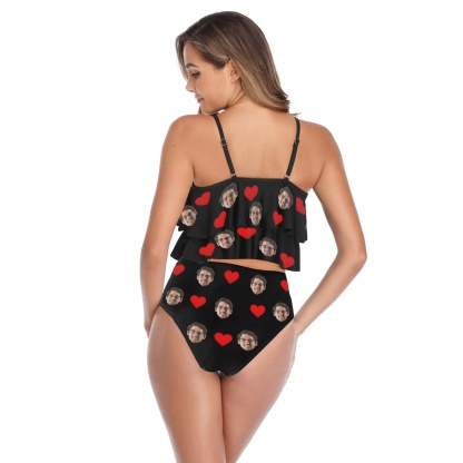 Custom #Tankini Set #Double Ruffled Tankini Custom Face Red Heart Tankini Personalized Bathing Suit Summer Swimsuit Women's High Waisted Double Ruffle Bikini Set - YesCustom