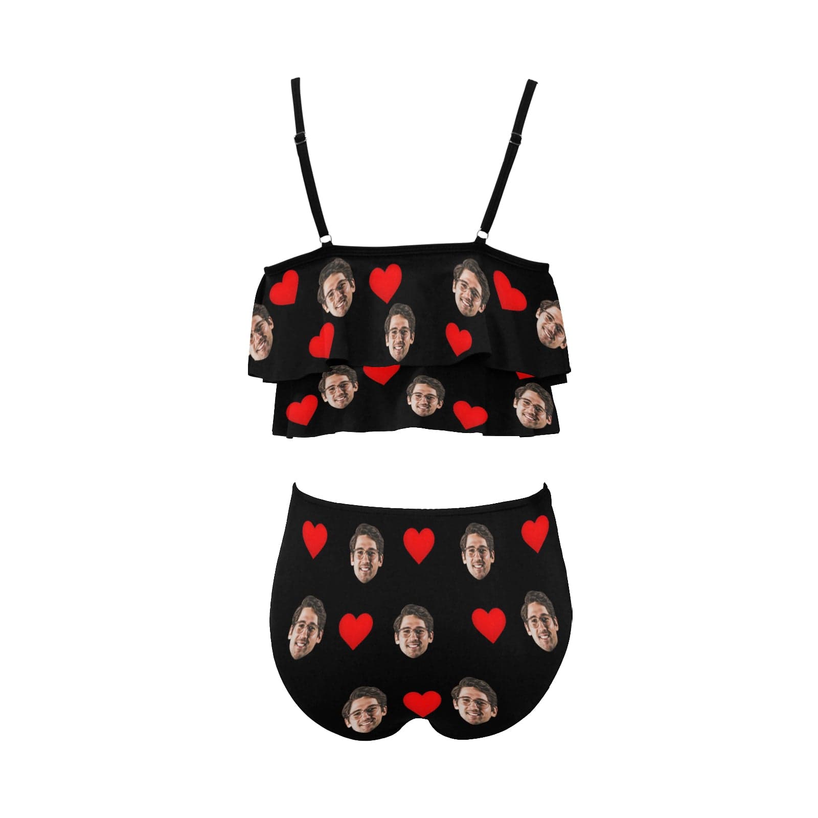 Custom #Tankini Set #Double Ruffled Tankini Custom Face Red Heart Tankini Personalized Bathing Suit Summer Swimsuit Women's High Waisted Double Ruffle Bikini Set - YesCustom