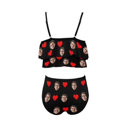 Custom #Tankini Set #Double Ruffled Tankini Custom Face Red Heart Tankini Personalized Bathing Suit Summer Swimsuit Women's High Waisted Double Ruffle Bikini Set - YesCustom