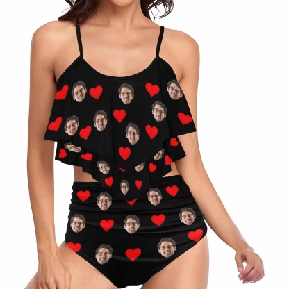Custom #Tankini Set #Double Ruffled Tankini Custom Face Red Heart Tankini Personalized Bathing Suit Summer Swimsuit Women's High Waisted Double Ruffle Bikini Set - YesCustom