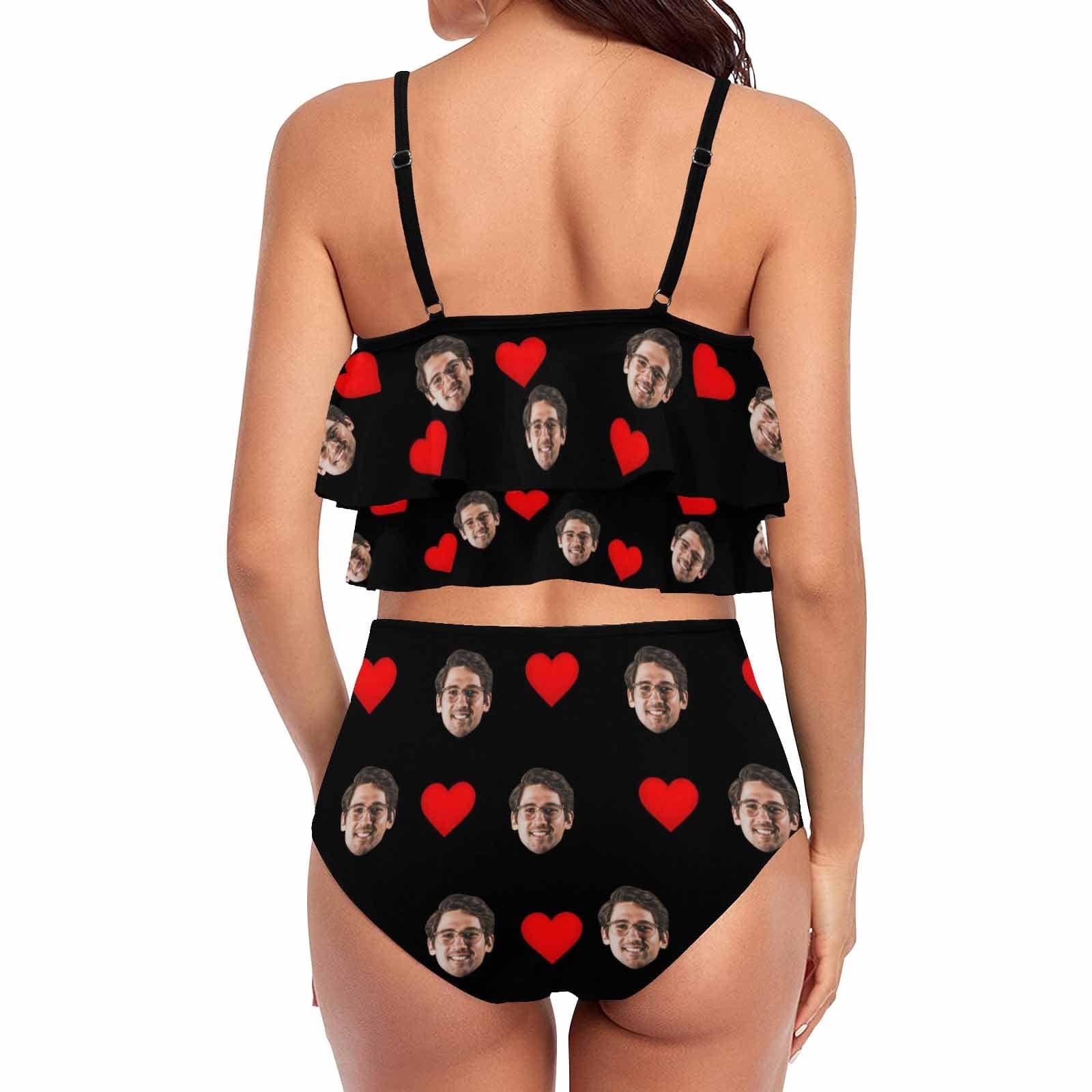 Custom #Tankini Set #Double Ruffled Tankini Custom Face Red Heart Tankini Personalized Bathing Suit Summer Swimsuit Women's High Waisted Double Ruffle Bikini Set - YesCustom