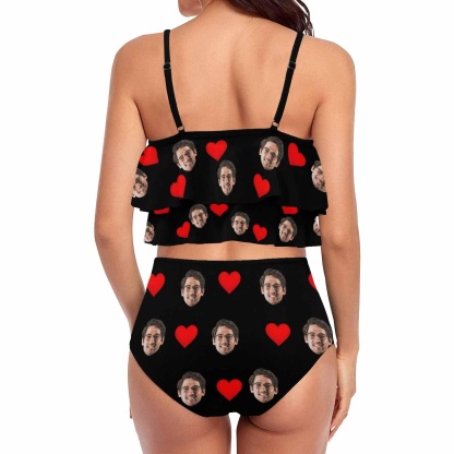 Custom #Tankini Set #Double Ruffled Tankini Custom Face Red Heart Tankini Personalized Bathing Suit Summer Swimsuit Women's High Waisted Double Ruffle Bikini Set - YesCustom